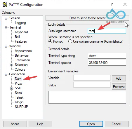 Enter the auto-login 'username' (e.g., root) in 'Data'