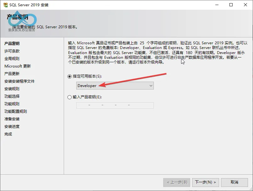 SQL Server 2019 Product Key Configuration Interface: Select 'Developer Edition' (non-production environment, free license)