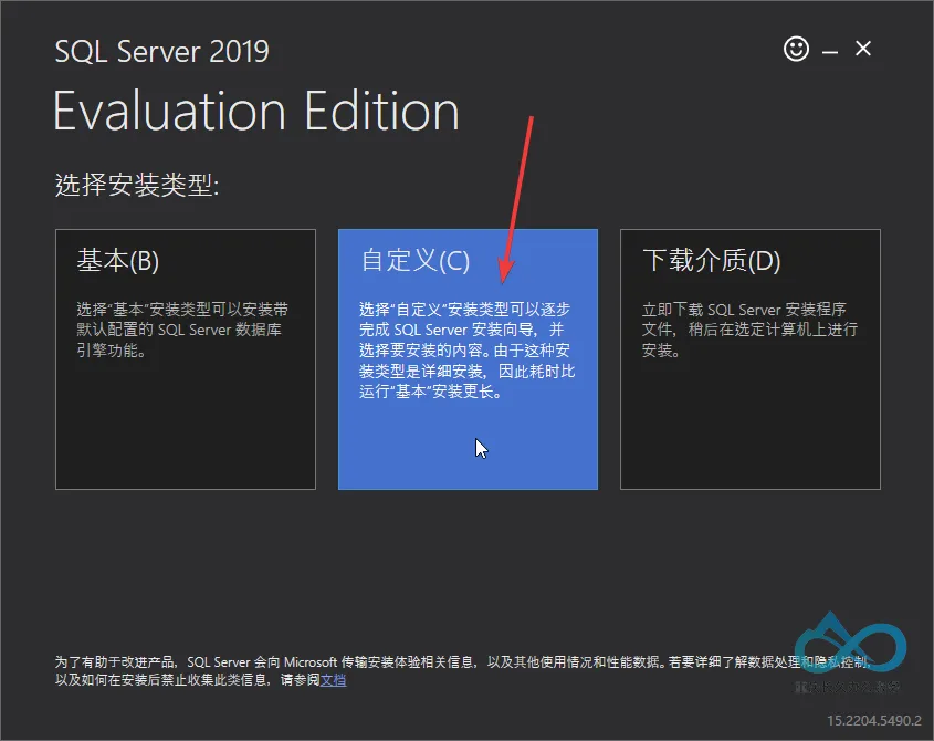 SQL Server 2019 Installer Initial Interface: Select 'Custom' installation mode to start media download