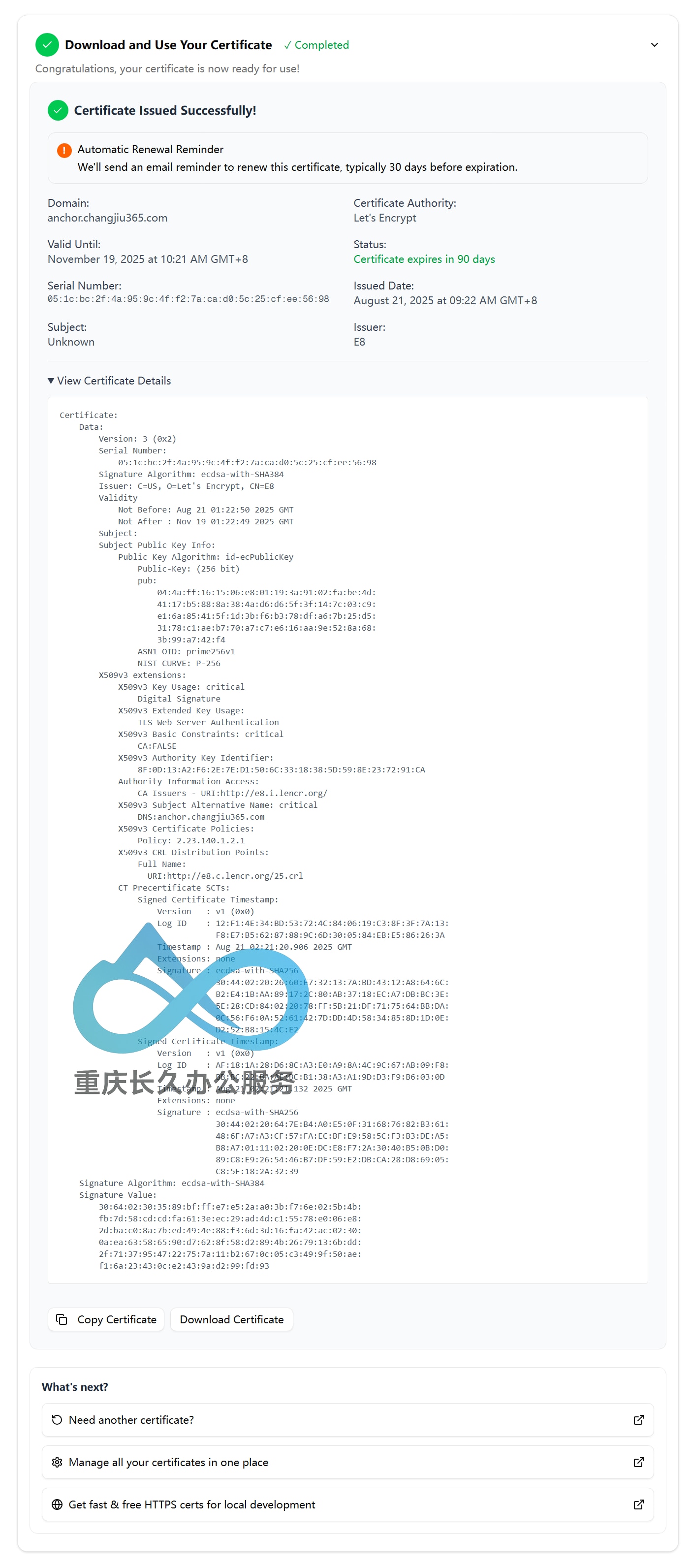 证书申请成功后的管理界面，可查看和下载证书