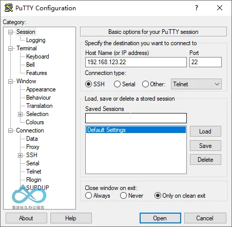 Enter hostname/IP address and port in Session
